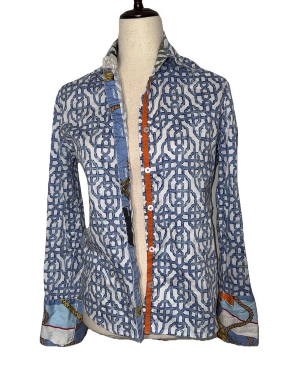 Tizzie Blue White Rome Shirt Geometric Contrast Cuff Cotton Stretch Small